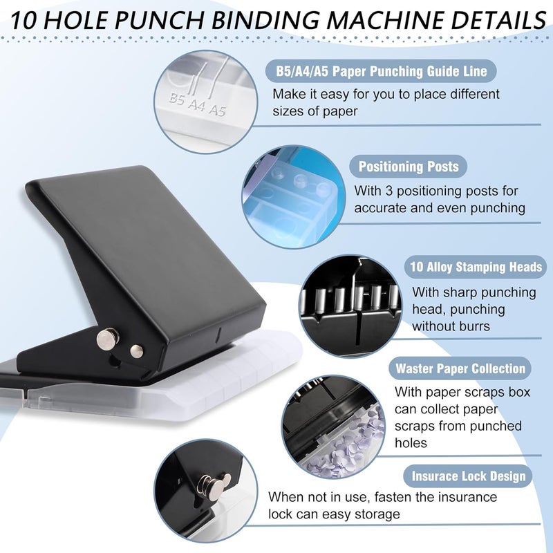 CAETOUNG 10 Hole Punch Binding Machine for Planner, Metal Binder Machine Kit with 10Pcs Plastic Comb Binding Spines & 30Pcs Loose Leaf Binder Rings, Binder Hole Puncher for A4, A5 and B5 Paper - Image 5